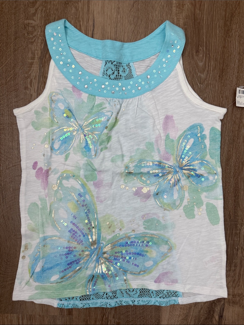 Justice Girls' White Tank Top with Blue Butterfly Print